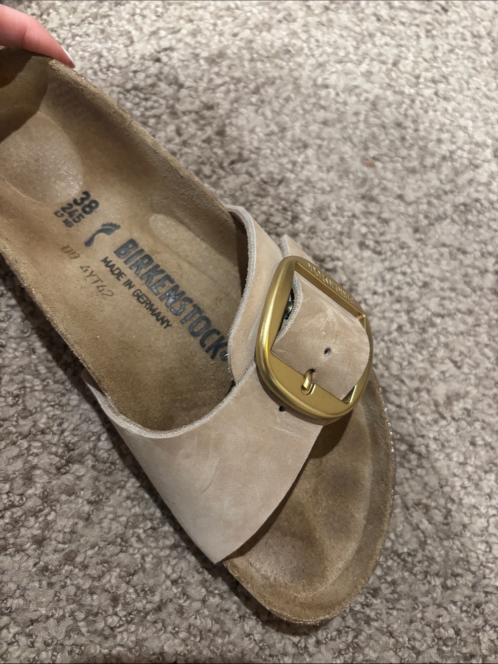 Birkenstock Single Strap Slide in Taupe with Gold Buckles - Picture 3 of 3